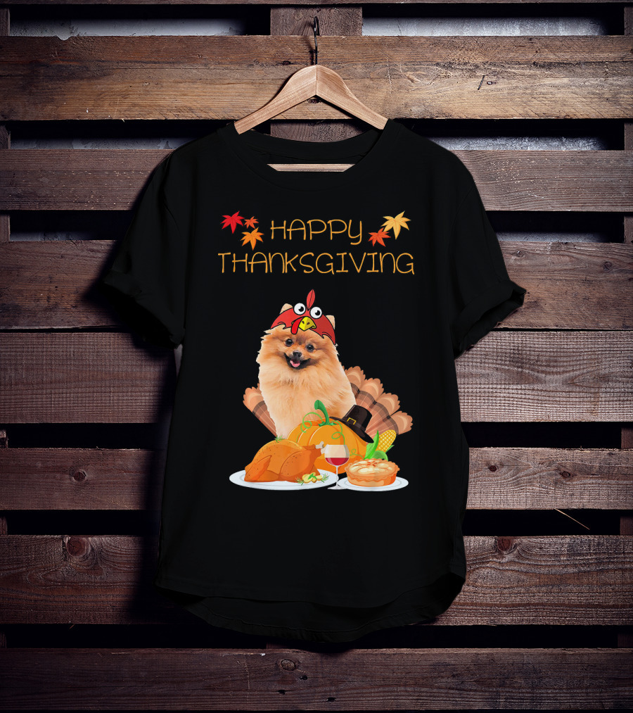 Happy Thanksgiving Day Pomeranian Turkey Pumpkin Pie T-Shirt