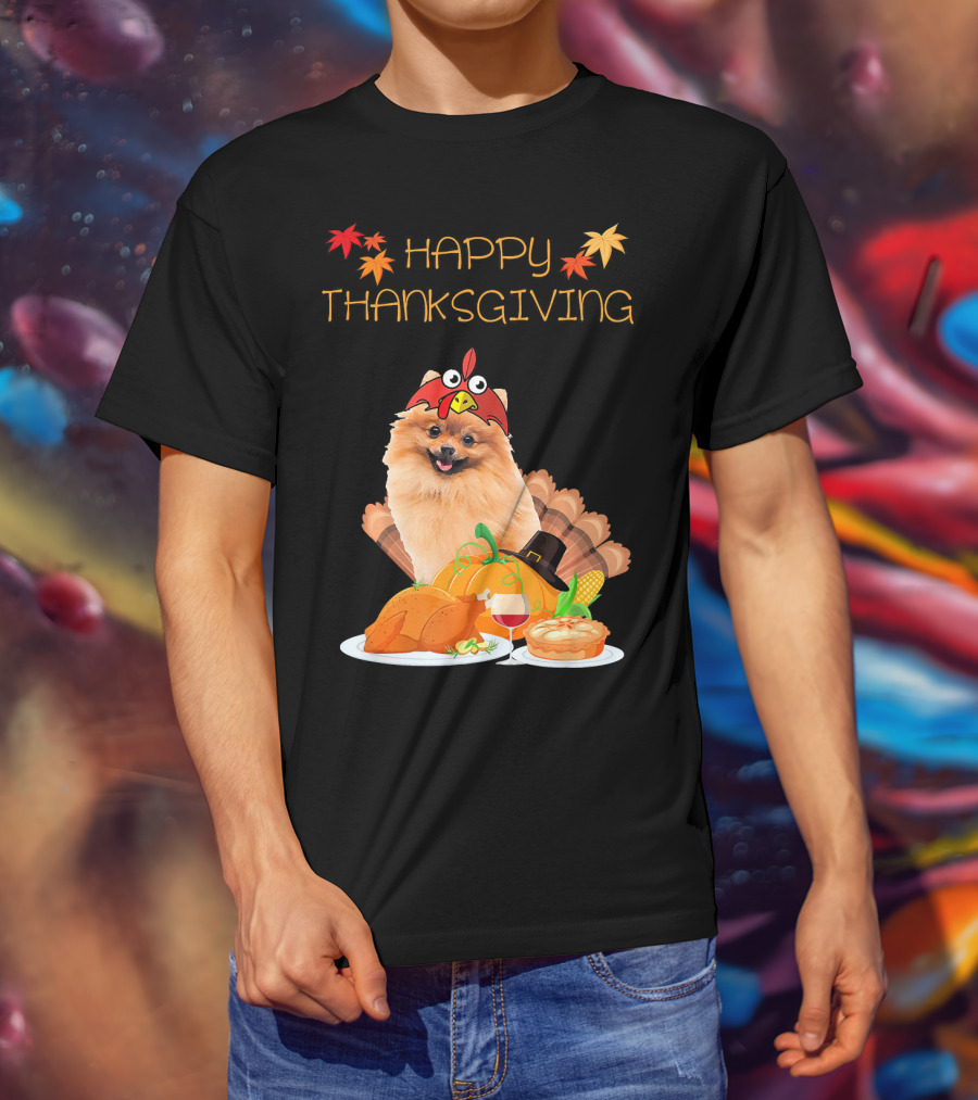 Happy Thanksgiving Day Pomeranian Turkey Pumpkin Pie T-Shirt