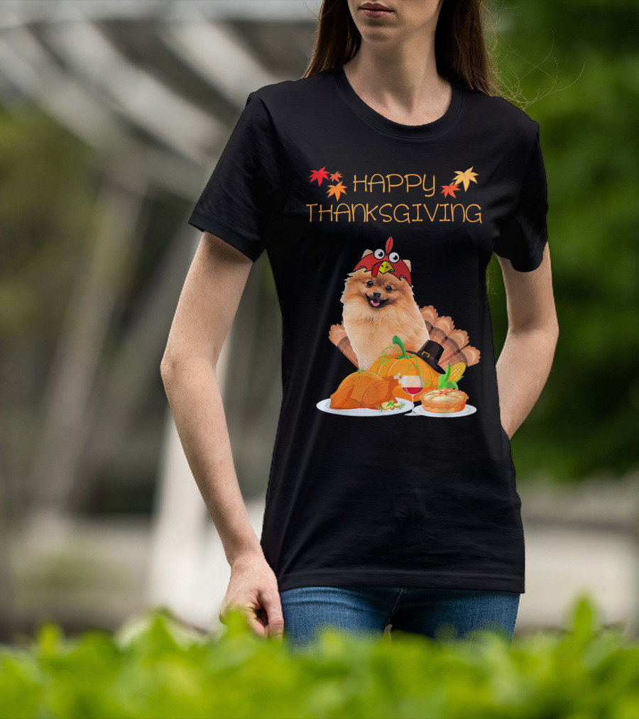 Happy Thanksgiving Day Pomeranian Turkey Pumpkin Pie T-Shirt