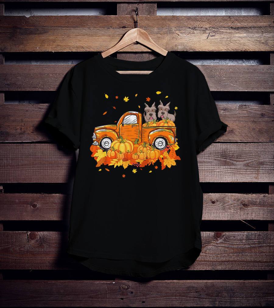 Scottie Dogs In Pumpkin-Filled Truck Surrounded By Autumn Leaves Halloween T-Shirt