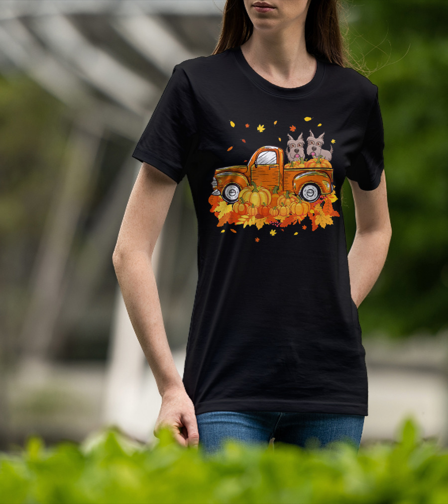 Scottie Dogs In Pumpkin-Filled Truck Surrounded By Autumn Leaves Halloween T-Shirt