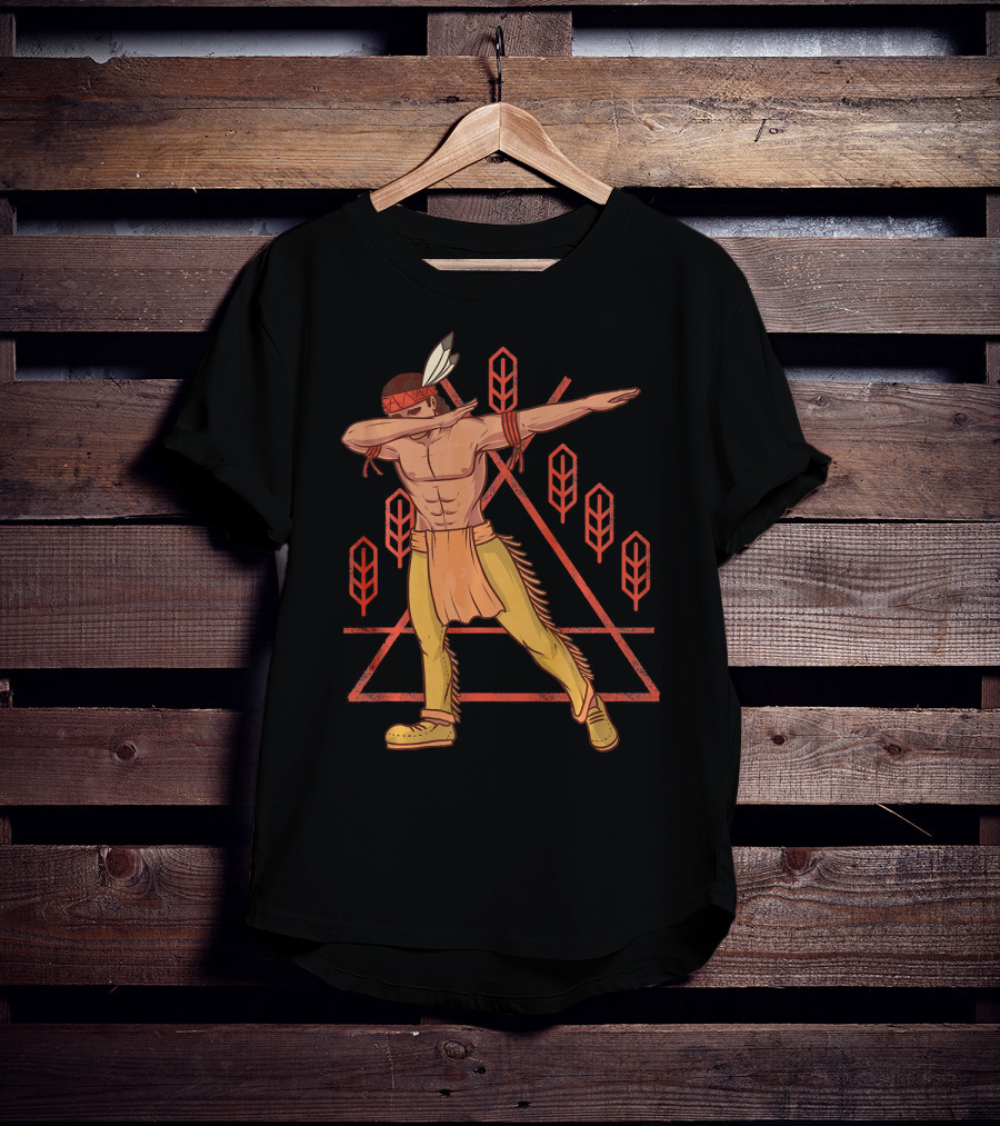 Thanksgiving Dabbing Native American Geometric Feather Motif T-Shirt