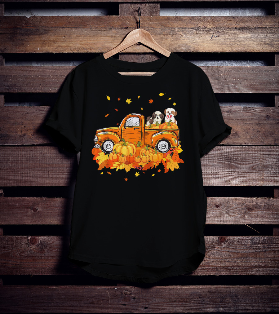 Shih Tzu Puppies In Pumpkin Truck With Autumn Leaves For Halloween T-Shirt