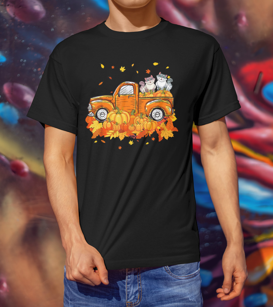 Cat Pumpkin Autumn Truck With Cats And Pumpkins T-Shirt