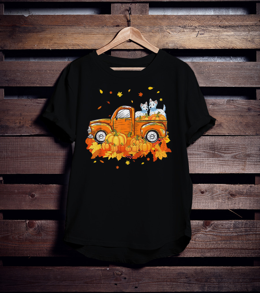 Westie Dogs In Pumpkin Truck With Fall Leaves Halloween T-Shirt