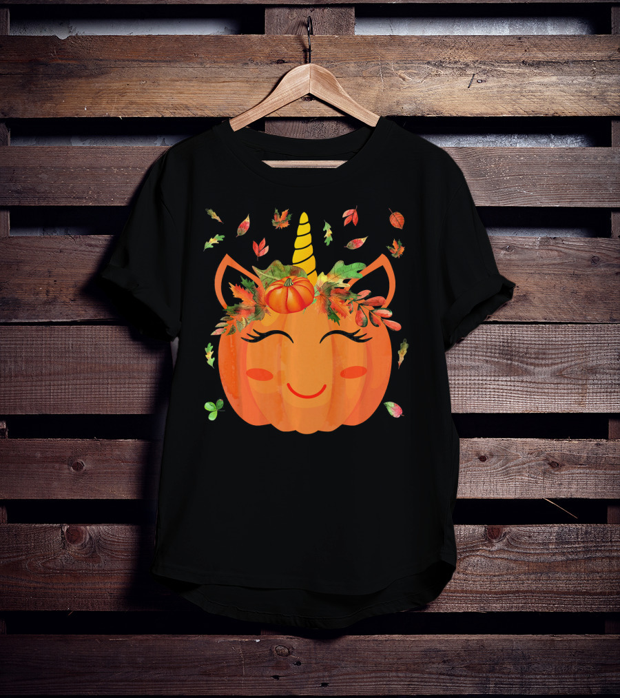 Cute Unicorn Pumpkin With Autumn Leaves And Horn T-Shirt