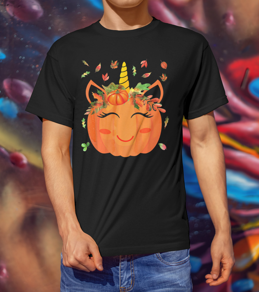 Cute Unicorn Pumpkin With Autumn Leaves And Horn T-Shirt