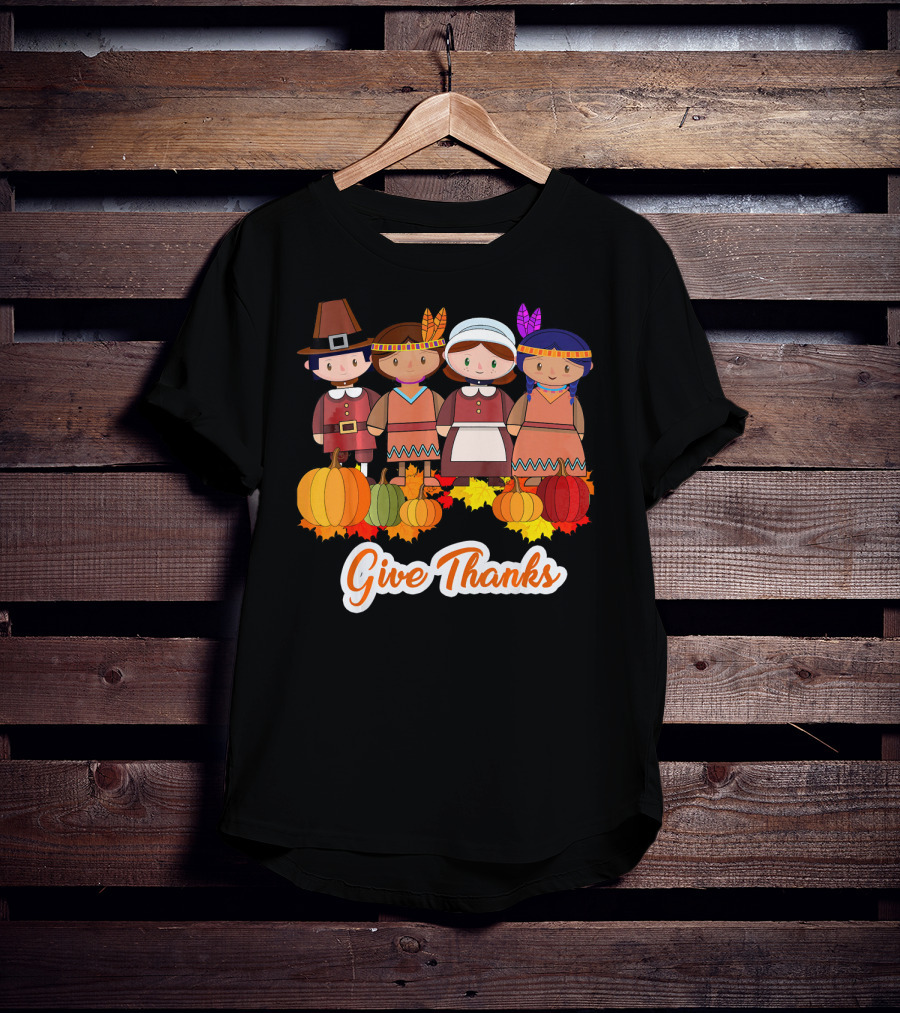 Give Thanks Thanksgiving Pilgrim And Native American With Pumpkins T-Shirt