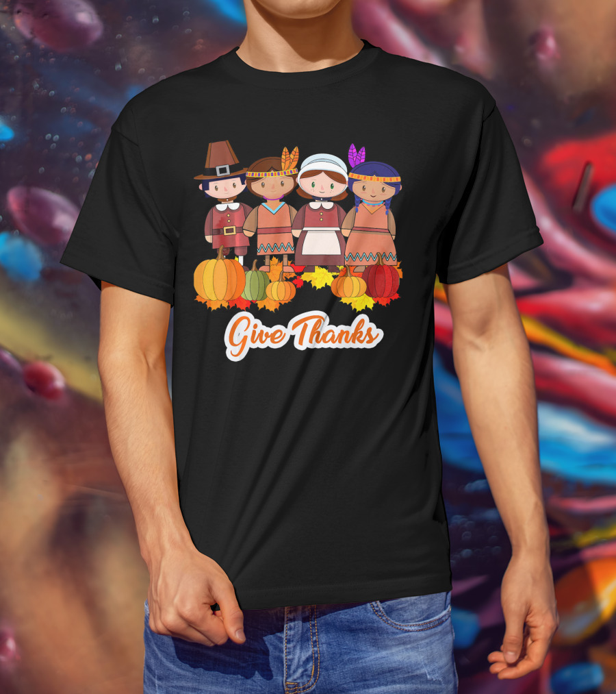 Give Thanks Thanksgiving Pilgrim And Native American With Pumpkins T-Shirt