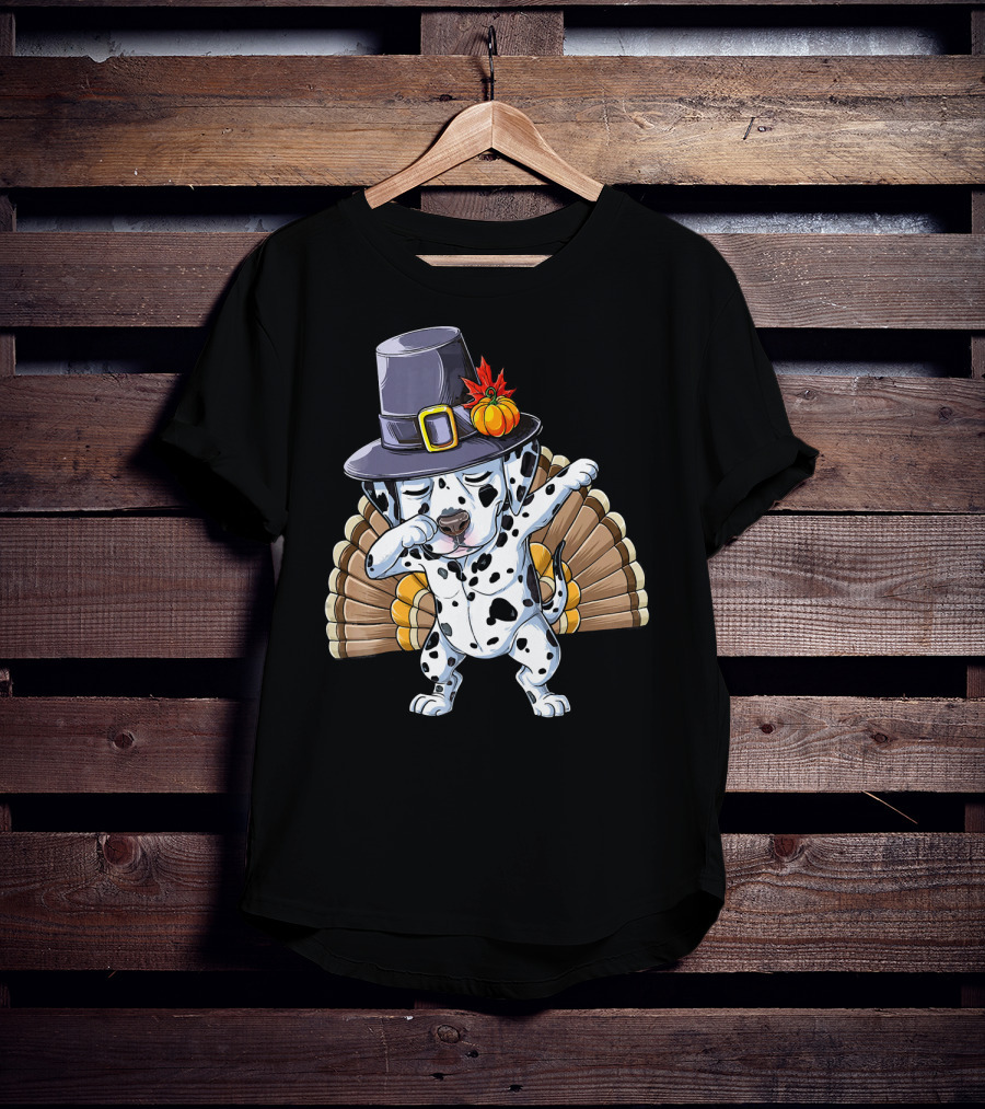 Thanksgiving Dabbing Dalmatian Pilgrim Hat Turkey Tail T-Shirt