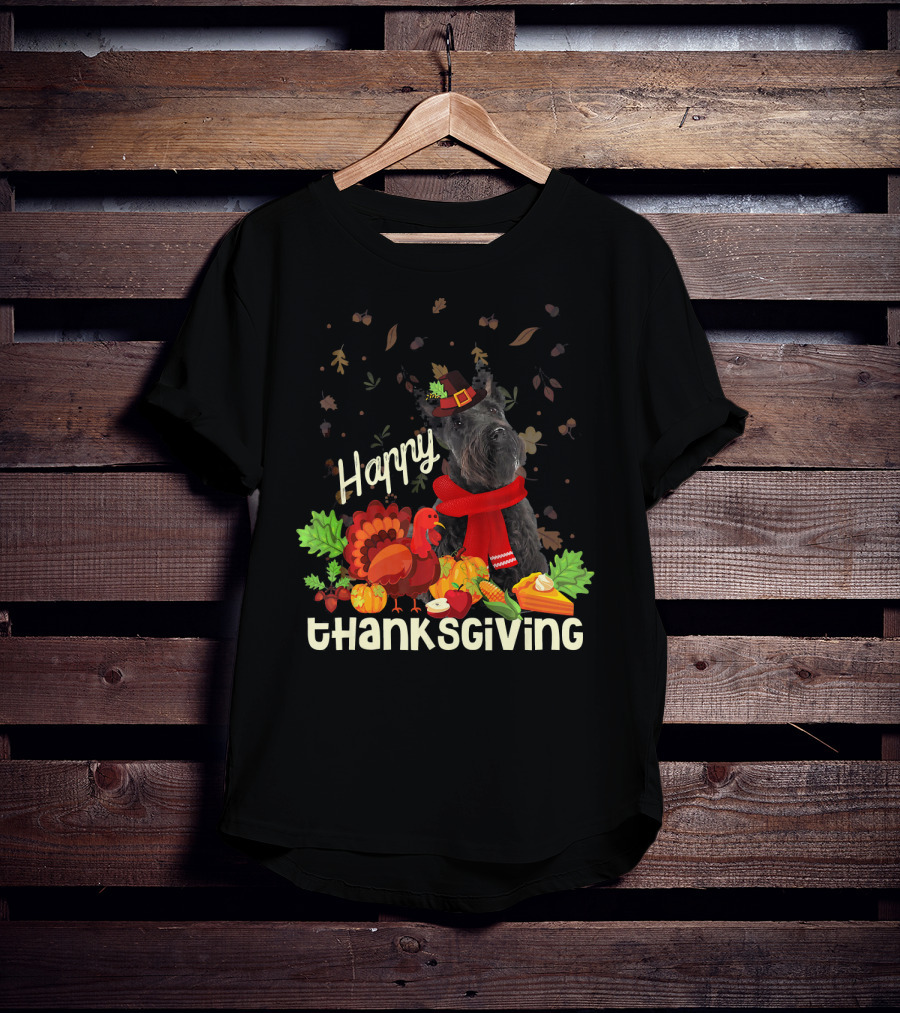 Happy Thanksgiving Pilgrim Scottish Terrier With Turkey And Fall Leaves T-Shirt