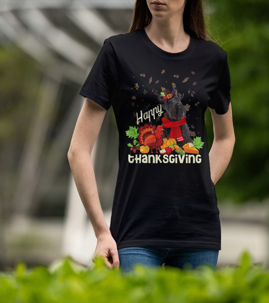 Happy Thanksgiving Pilgrim Scottish Terrier With Turkey And Fall Leaves T-Shirt