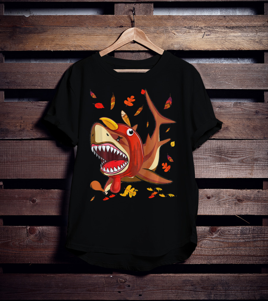 Thanksgiving Shark Doo Doo Doo Turkey Costume With Fall Leaves T-Shirt