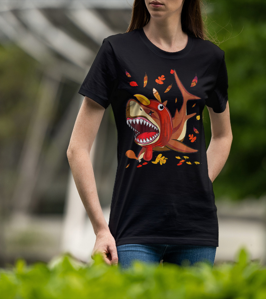 Thanksgiving Shark Doo Doo Doo Turkey Costume With Fall Leaves T-Shirt
