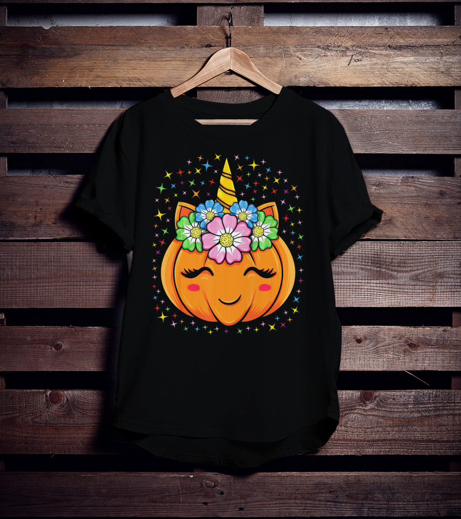Unicorn Pumpkin Halloween Cute Floral Stars T-Shirt