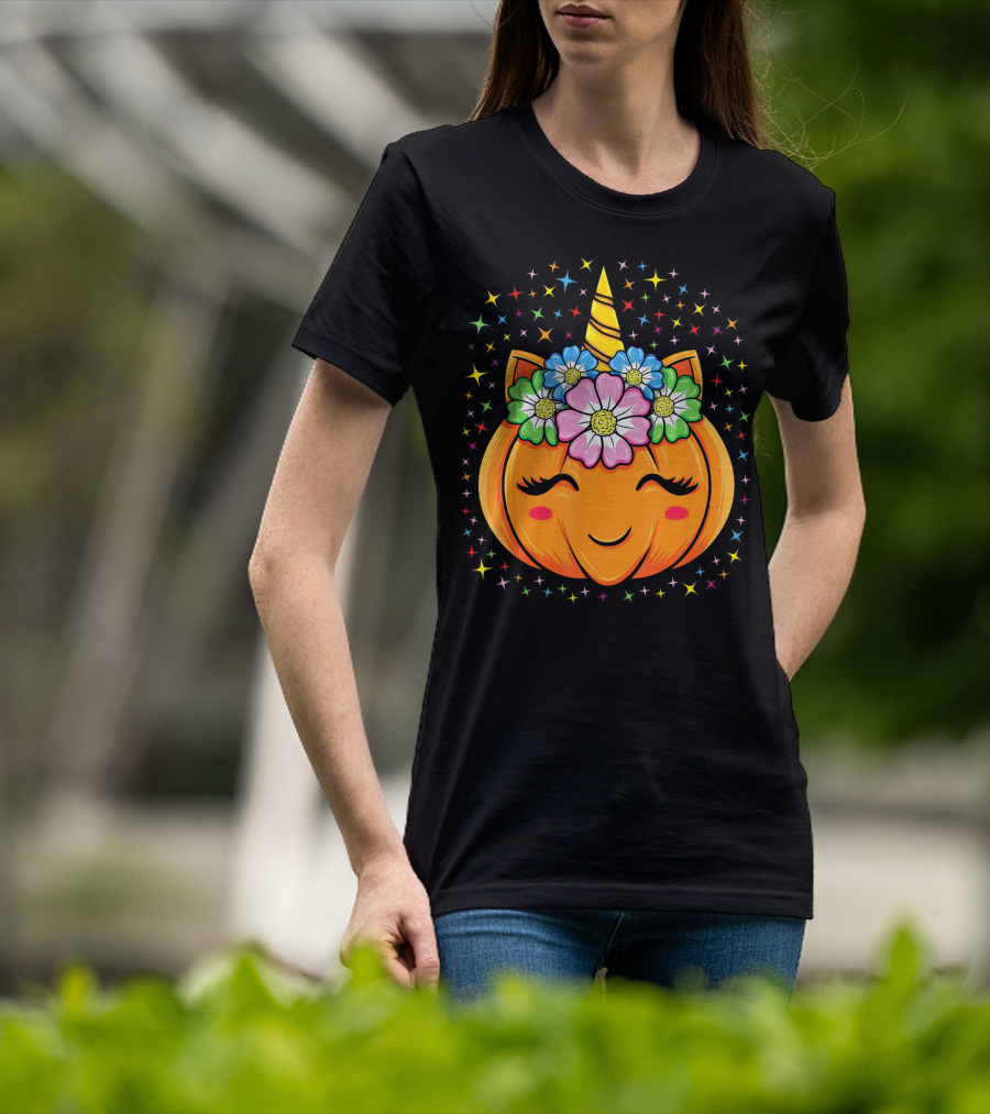 Unicorn Pumpkin Halloween Cute Floral Stars T-Shirt