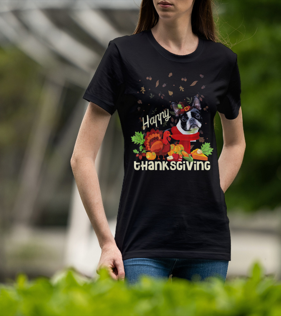 Happy Thanksgiving Boston Terrier Pilgrim With Turkey And Autumn Leaves T-Shirt