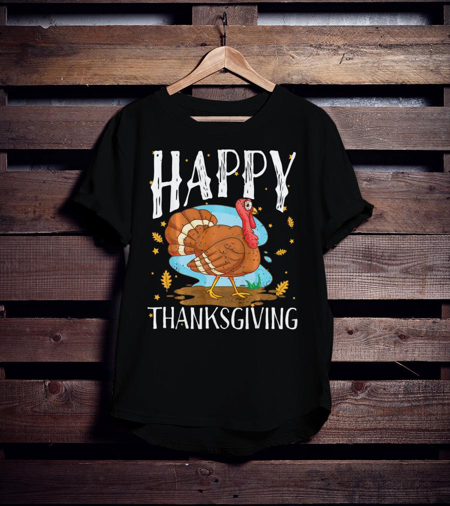 Happy Thanksgiving Funny Turkey Comic Style Leaves Stars T-Shirt