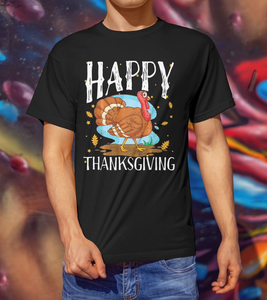 Happy Thanksgiving Funny Turkey Comic Style Leaves Stars T-Shirt
