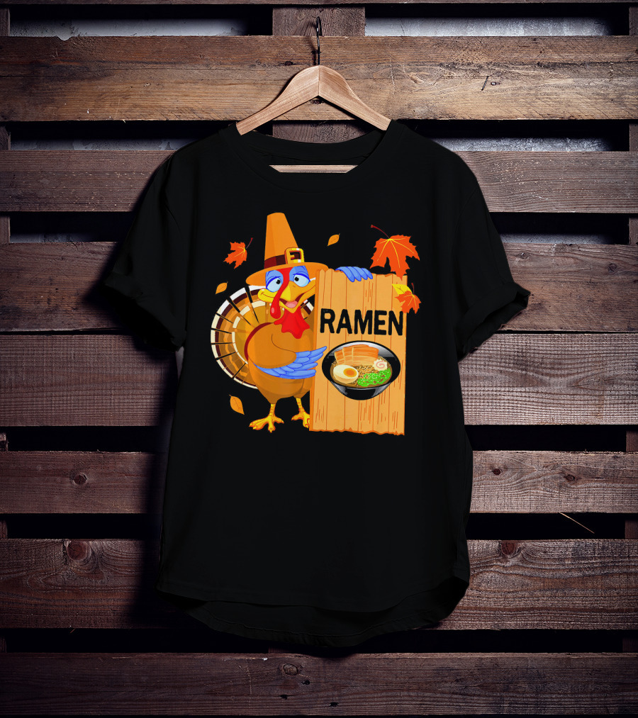 Thanksgiving Turkey With Ramen Bowl And Leaves T-Shirt