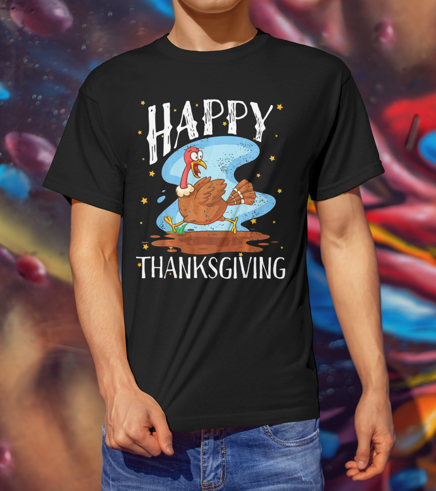 Happy Thanksgiving Running Turkey Cartoon T-Shirt