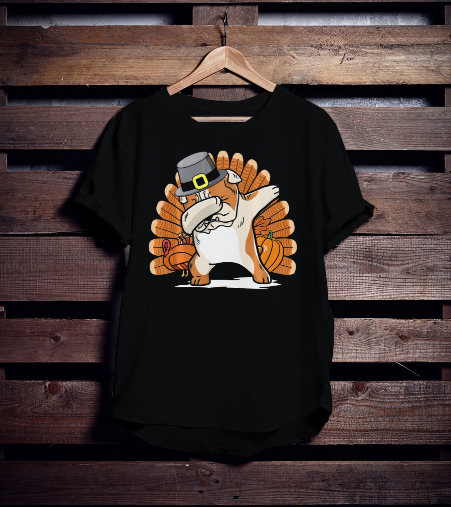 Funny Dabbing English Bulldog Thanksgiving Pilgrim Turkey Pumpkin T-Shirt
