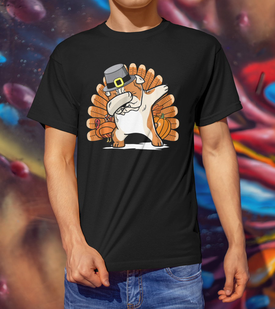 Funny Dabbing English Bulldog Thanksgiving Pilgrim Turkey Pumpkin T-Shirt
