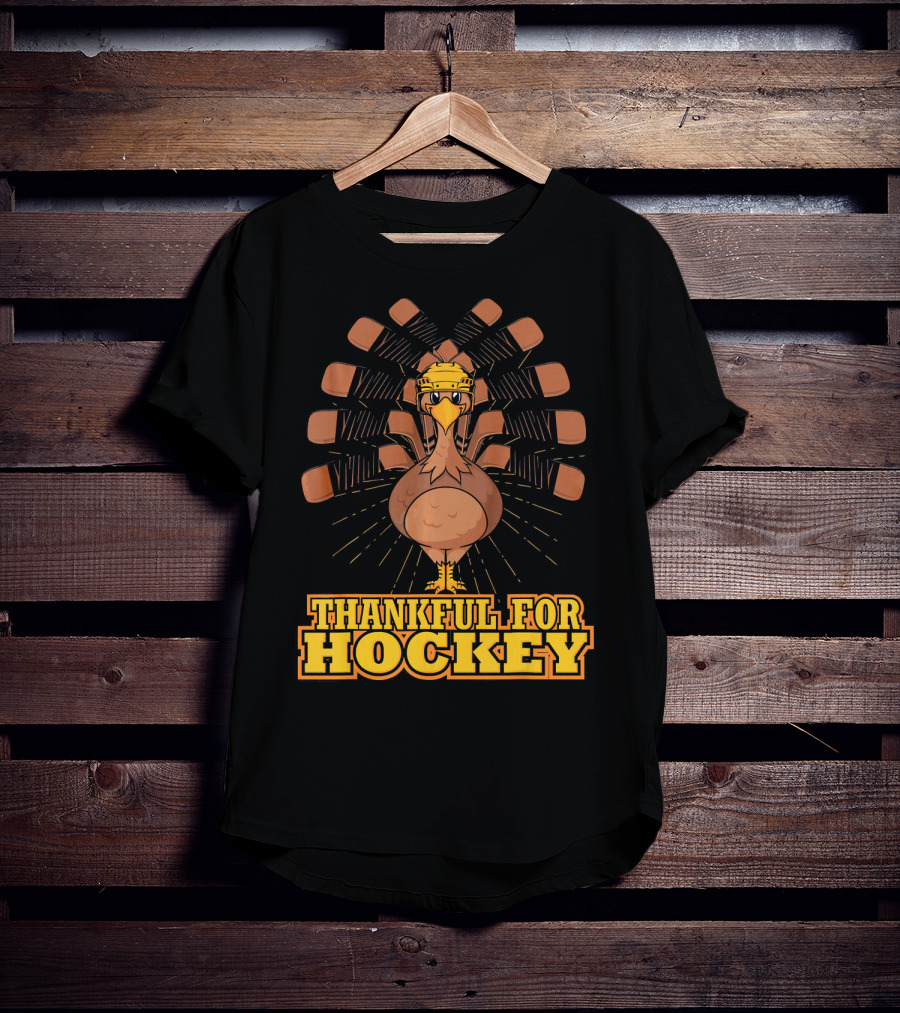 Thankful For Hockey Turkey Wearing Helmet With Hockey Sticks T-Shirt