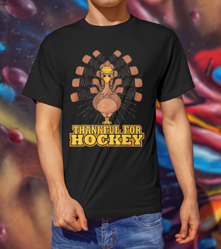 Thankful For Hockey Turkey Wearing Helmet With Hockey Sticks T-Shirt