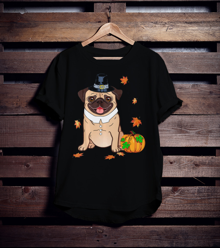 Thanksgiving Pug Pilgrim Hat Pumpkin Leaves T-Shirt
