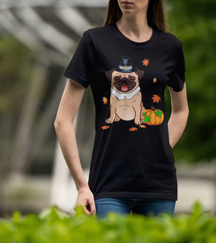 Thanksgiving Pug Pilgrim Hat Pumpkin Leaves T-Shirt