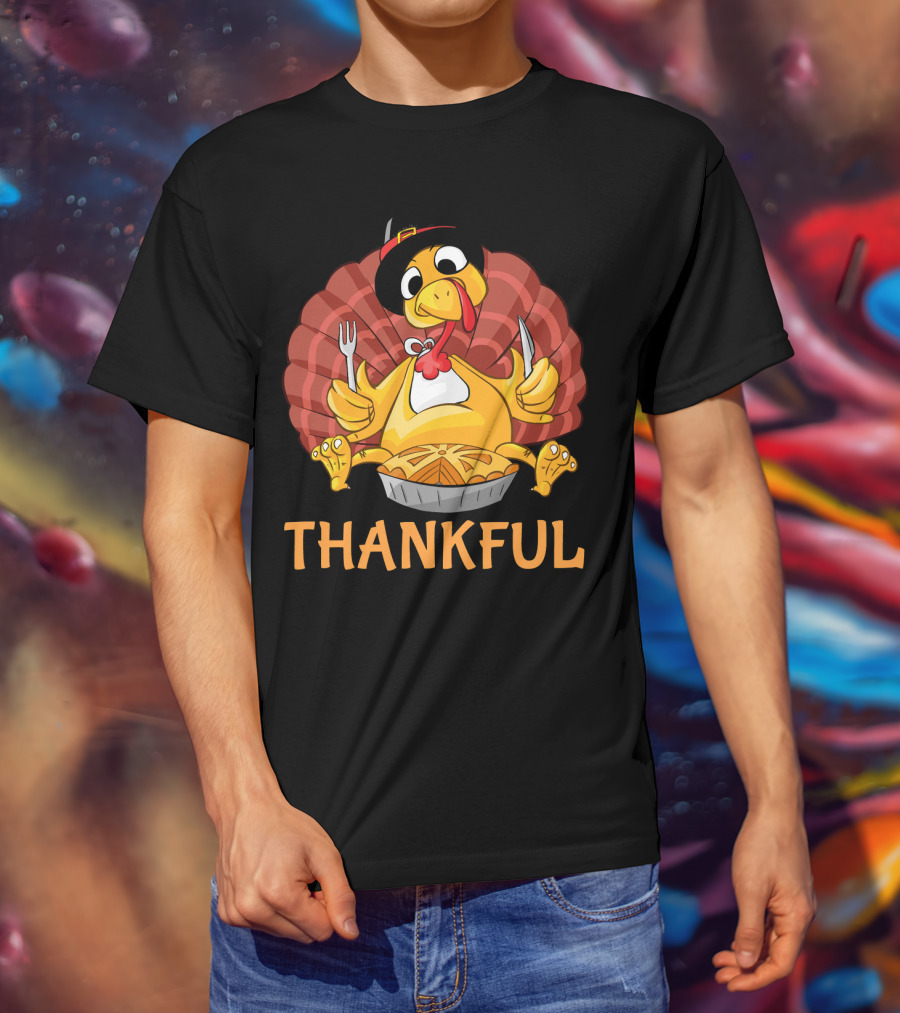 Thankful Turkey With Pie And Pilgrim Hat T-Shirt
