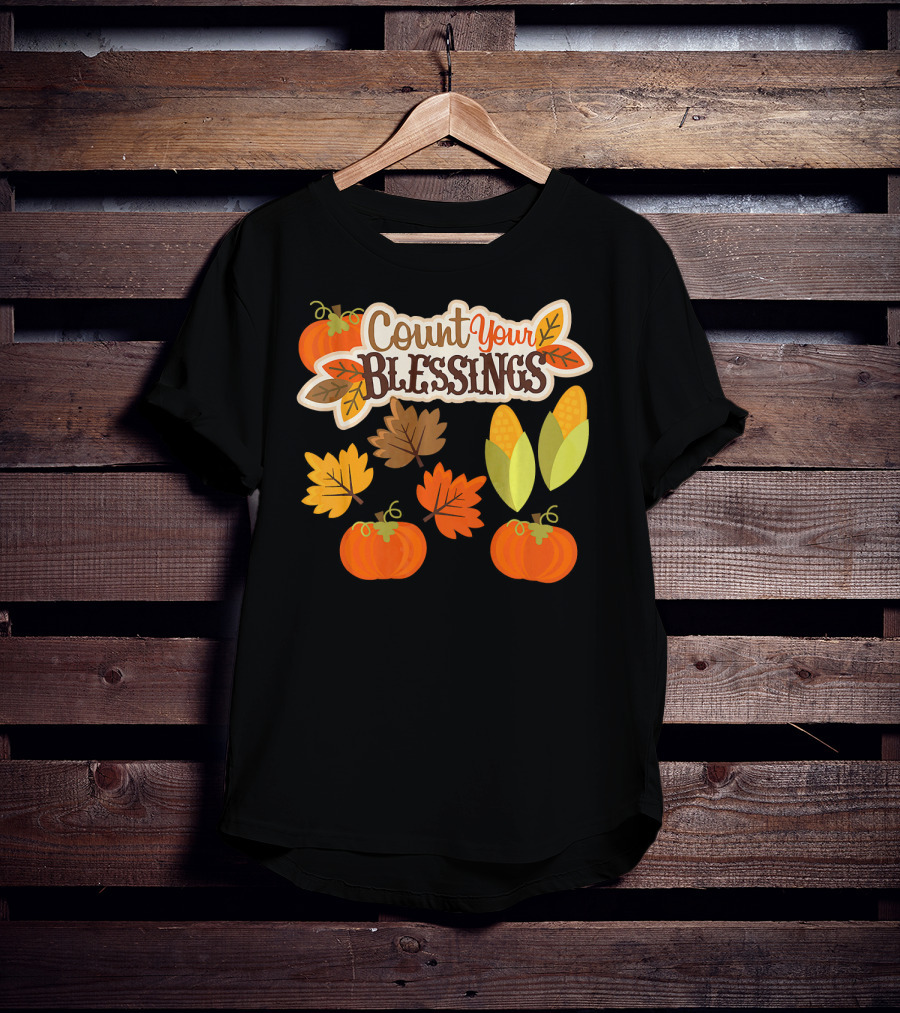Count Your Blessings Harvest Fall Thanks Autumn Leaves Pumpkins Corn T-Shirt