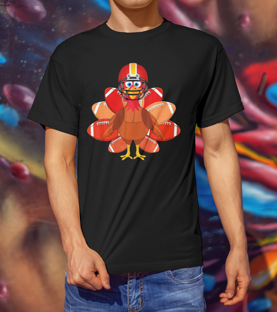 Turkey With Football Helmet Thankful Thanksgiving Football T-Shirt