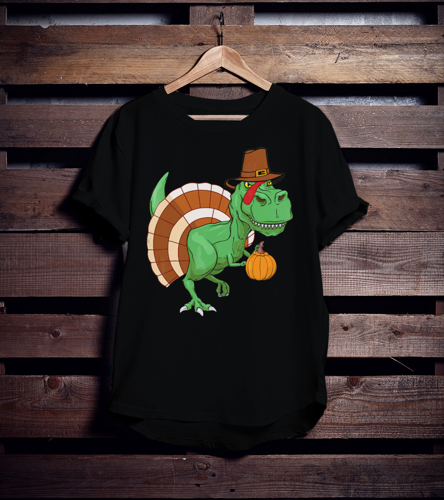 Thanksgiving T-Rex Turkey With Pilgrim Hat And Pumpkin T-Shirt