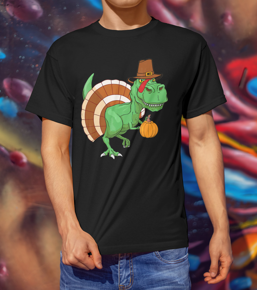 Thanksgiving T-Rex Turkey With Pilgrim Hat And Pumpkin T-Shirt