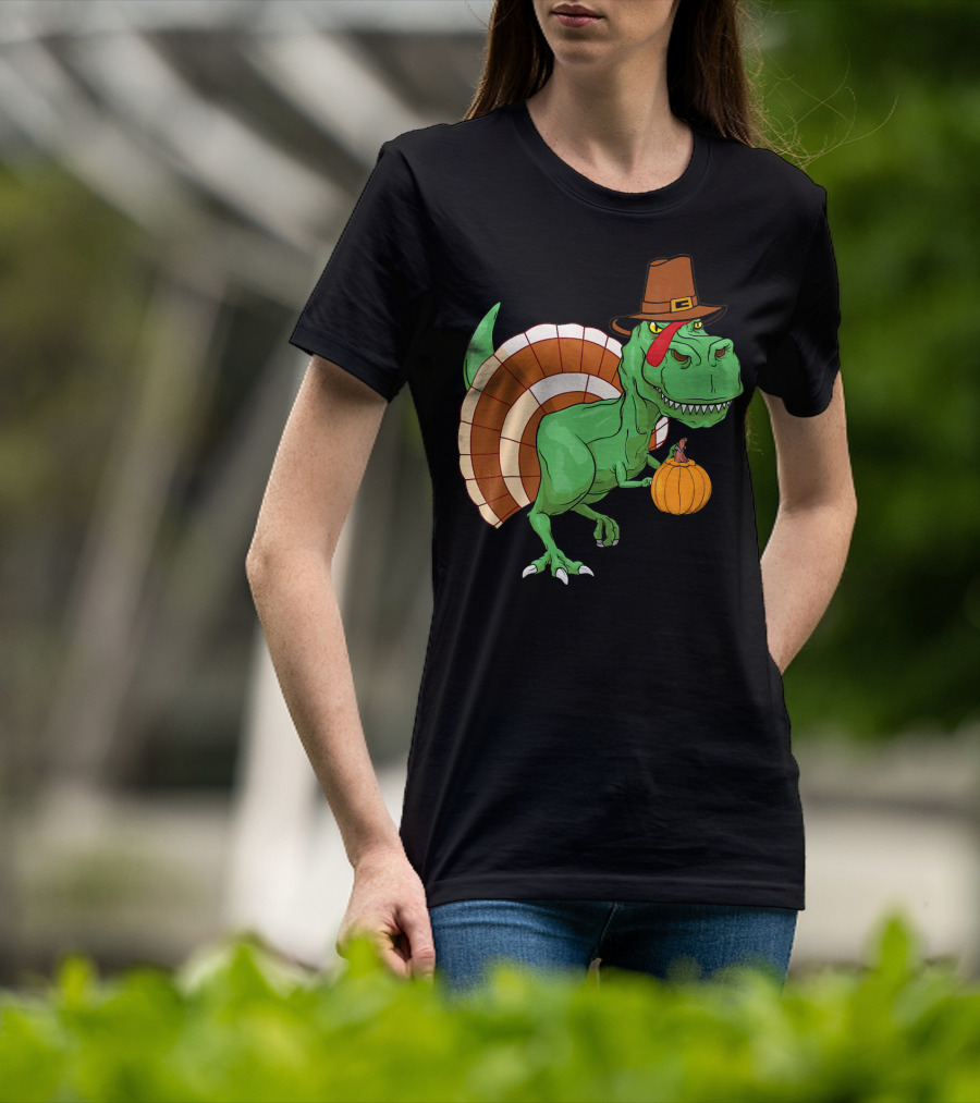 Thanksgiving T-Rex Turkey With Pilgrim Hat And Pumpkin T-Shirt