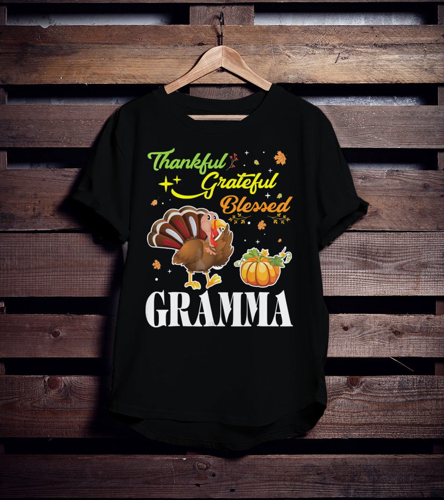 Thankful Grateful Blessed Gramma Turkey Pumpkin Thanksgiving Fall Leaves T-Shirt