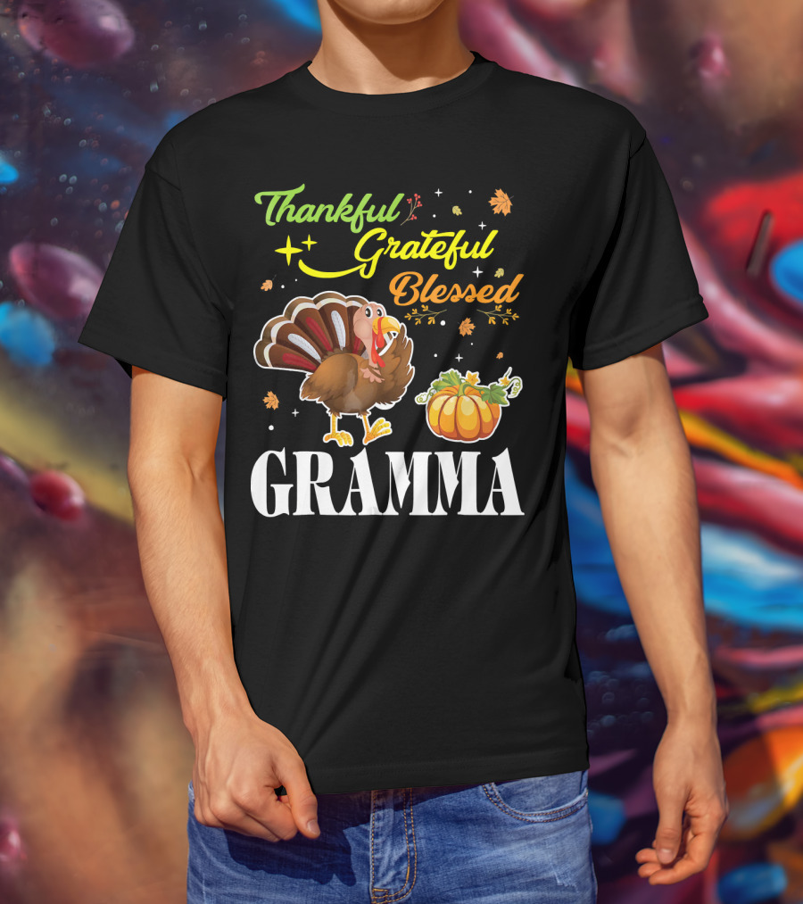 Thankful Grateful Blessed Gramma Turkey Pumpkin Thanksgiving Fall Leaves T-Shirt