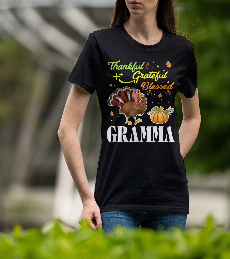 Thankful Grateful Blessed Gramma Turkey Pumpkin Thanksgiving Fall Leaves T-Shirt
