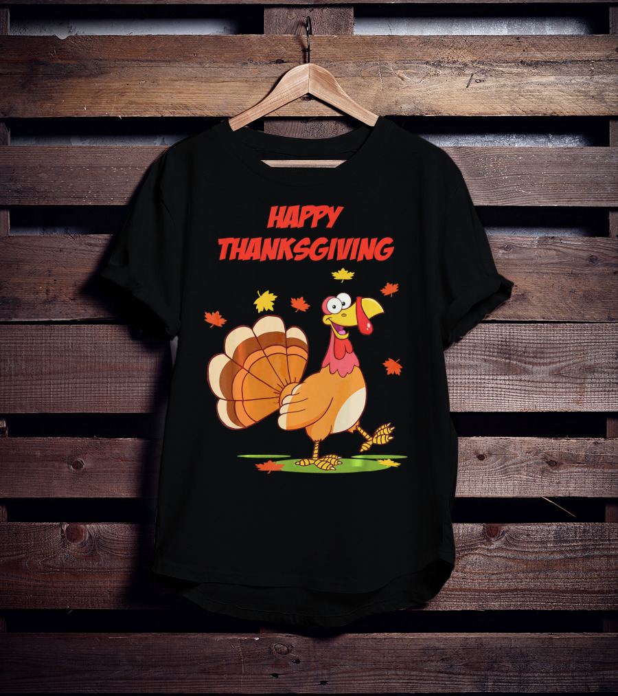 Happy Thanksgiving Funny Turkey Festive Cartoon With Falling Leaves T-Shirt