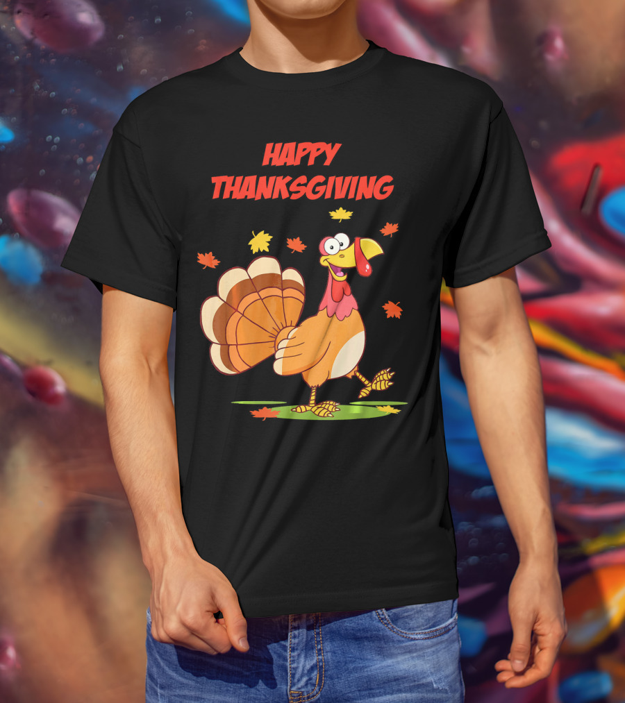 Happy Thanksgiving Funny Turkey Festive Cartoon With Falling Leaves T-Shirt