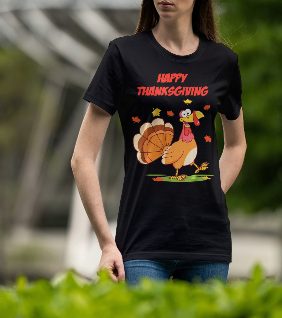 Happy Thanksgiving Funny Turkey Festive Cartoon With Falling Leaves T-Shirt