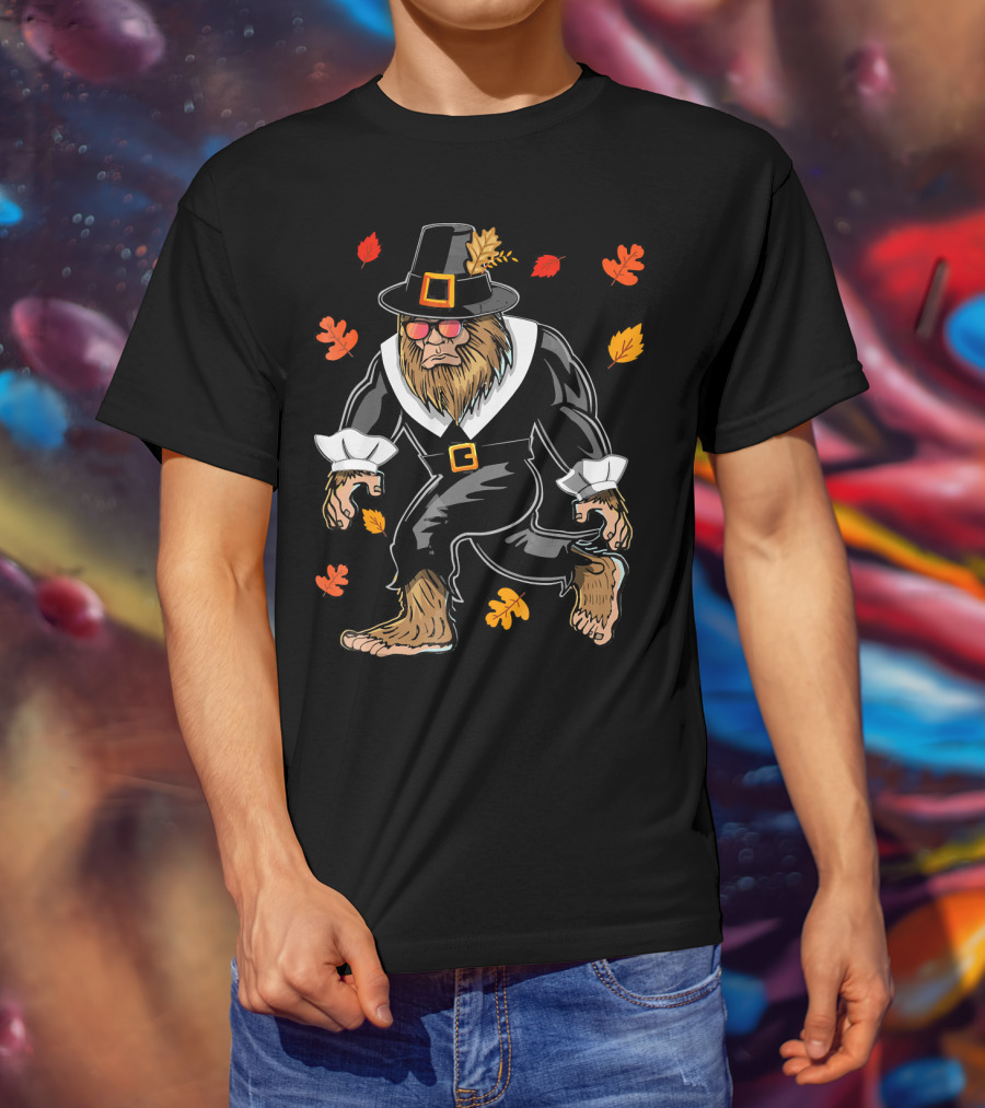 Thanksgiving Pilgrim Bigfoot Sasquatch With Autumn Leaves T-Shirt