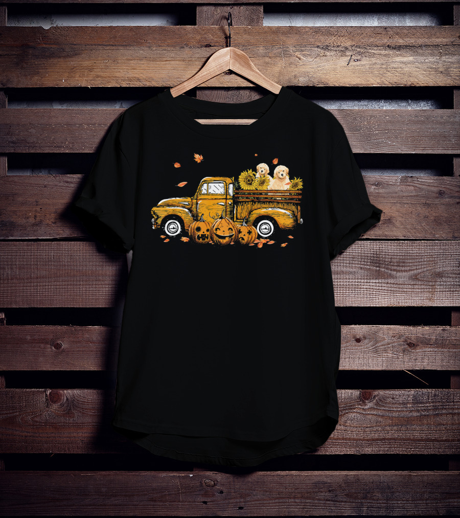 Pumpkin Truck With Sunflowers And Dogs Halloween Scene T-Shirt