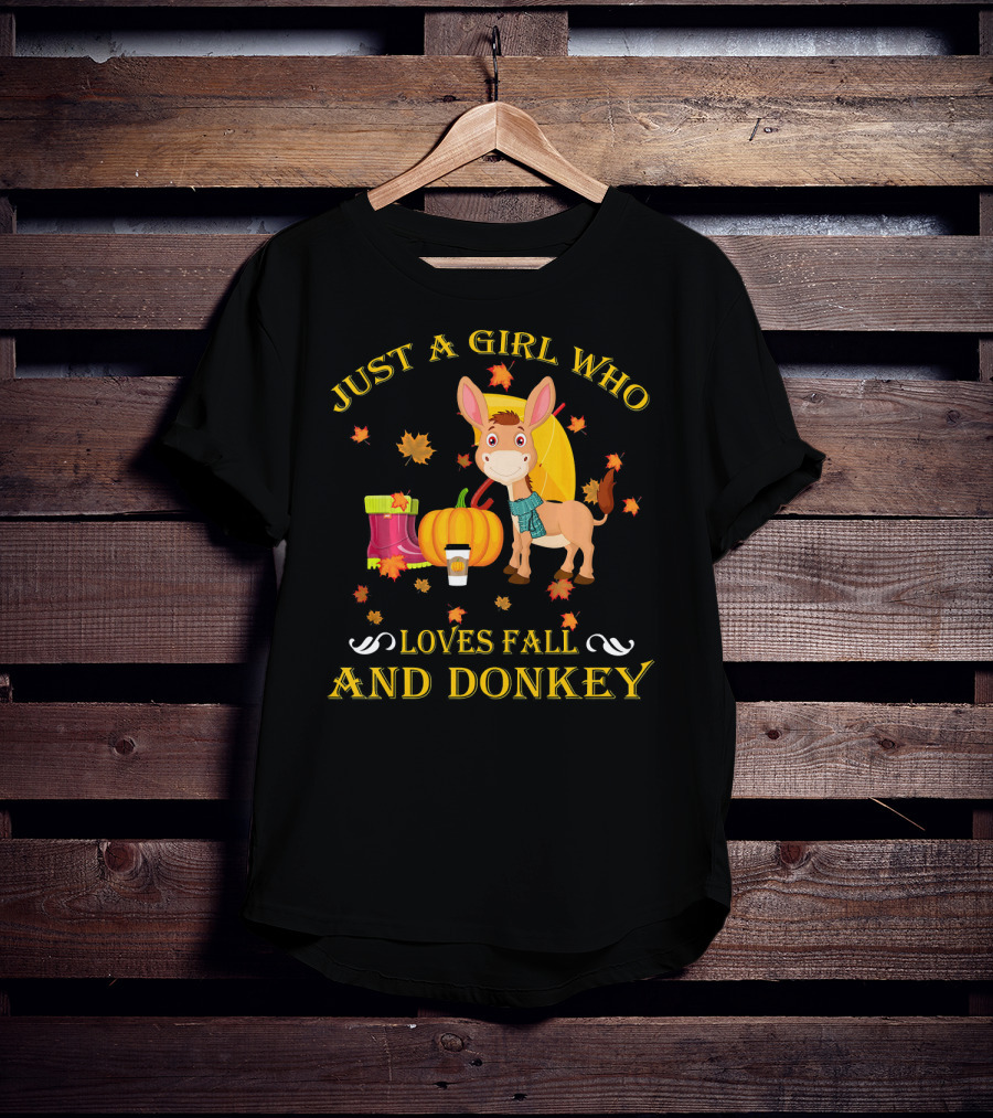 Just A Girl Who Loves Fall And Donkey Autumn Leaves Pumpkins And Boots T-Shirt