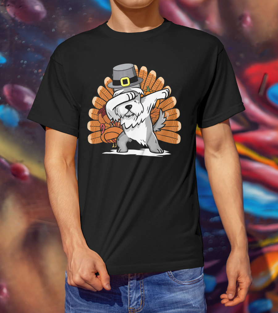 Funny Dabbing Schnauzer Thanksgiving Pilgrim Hat Turkey Dance T-Shirt