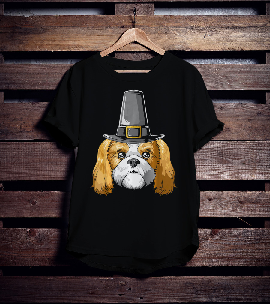 Shih Tzu Wearing Pilgrim Hat Thanksgiving T-Shirt