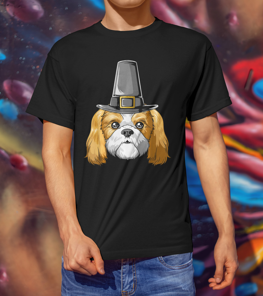 Shih Tzu Wearing Pilgrim Hat Thanksgiving T-Shirt