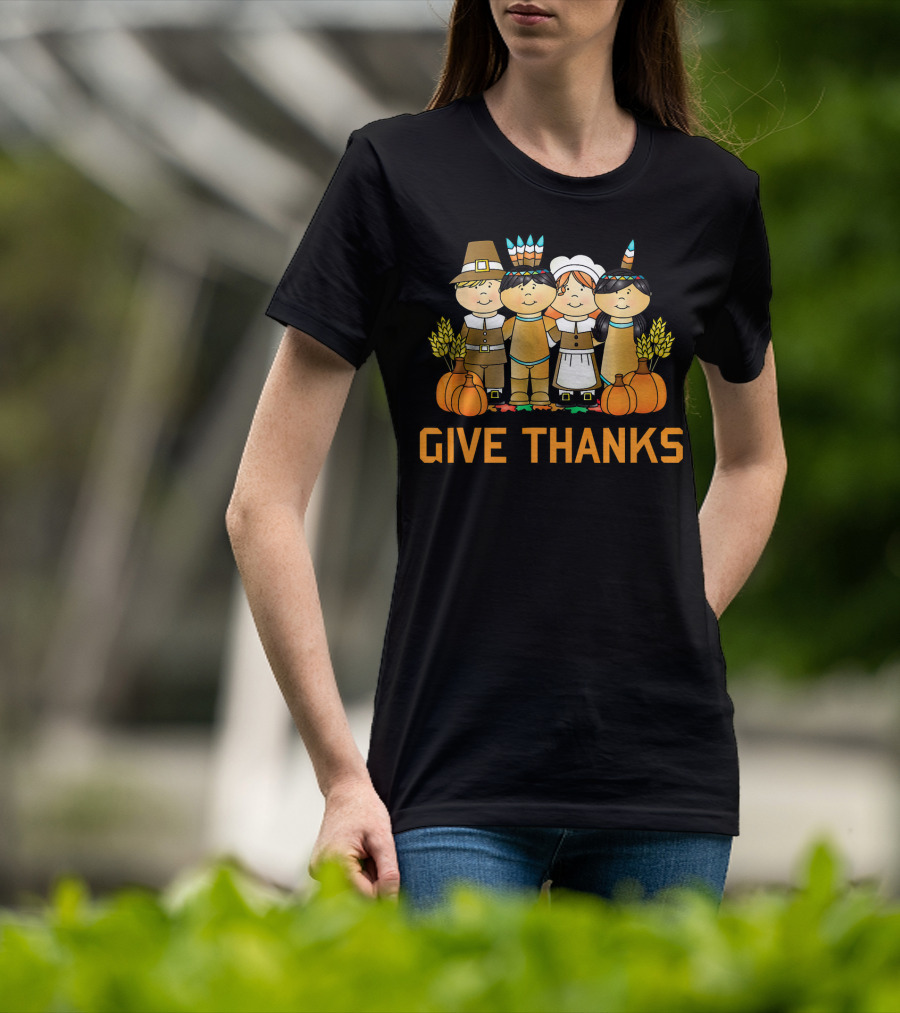 Give Thanks Pumpkin Harvest Pilgrim Native American T-Shirt